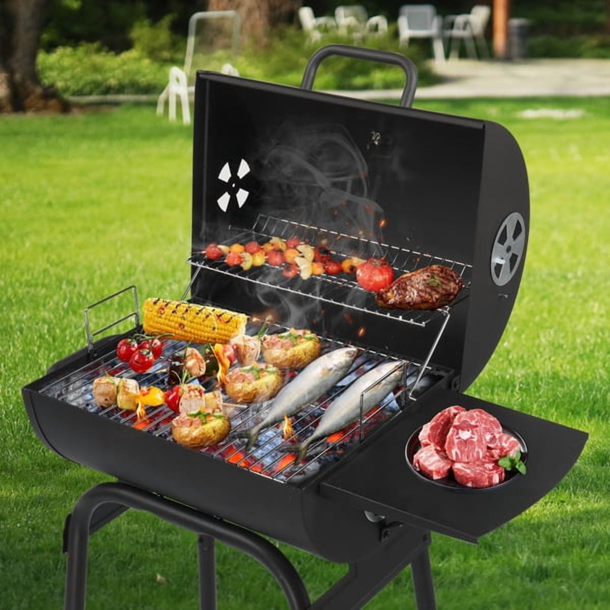 34" Barrel Charcoal Grill with Side Table & Wheels - High-Temp Powder Coated Outdoor BBQ for Backyard, Camping, Patio & Party Cooking