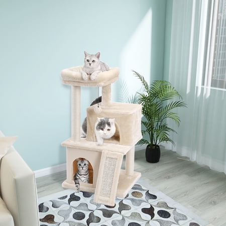34" Beige Cat Tree for Indoor Cats - Cat Tower Condos with Scratching Post and Platform, Multi-Level Pet Play House Stable Kitty Furniture