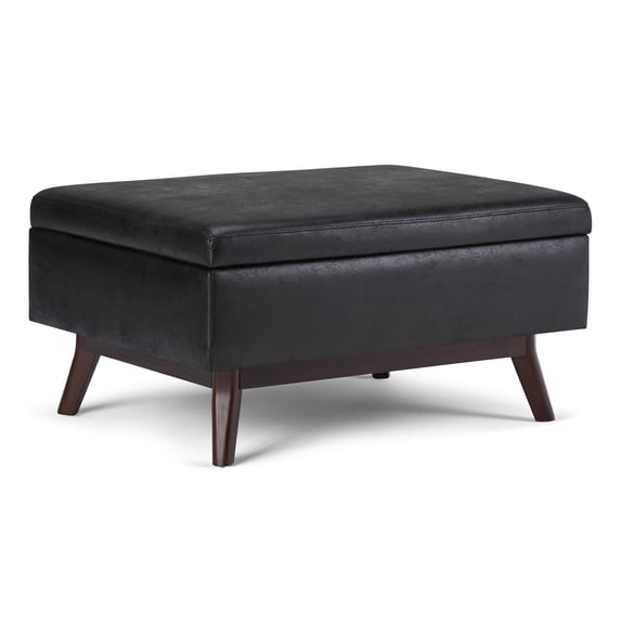 34" Black Faux Leather Mid-Century Rectangular Storage Ottoman with Lift-Up Lid