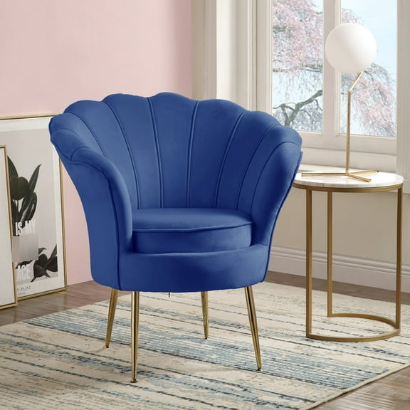 34" Blue Velvet Armchair With Metal Legs, Comfortable And Fashionable Chair In Blue, Vertical Design For Elegance