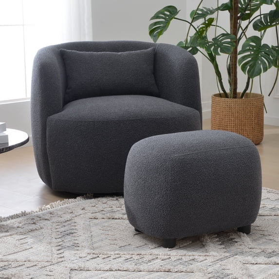 34" Boucle Swivel Barrel Chair with 23" Ottoman Set, Fully Assembled Set of Sherpa Accent Chair and Footrest, Modern Comfy Armchair and Footstool for Living Room and Bedroom, Dark Grey