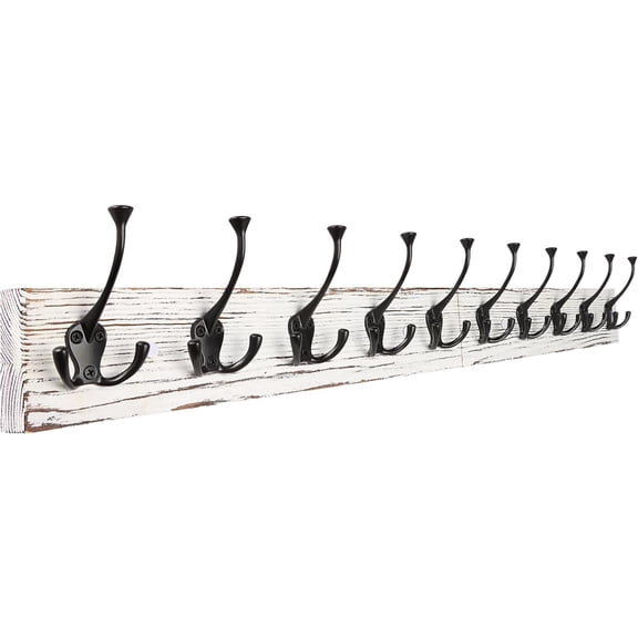 34'' Coat Rack Wall Mount with 10 Tri-Hooks, Heavy Duty, Vintage White Color Wood Coat Hanger, Rustic Coat Hooks Rail for Entryway Living Room Coat Scarf Bag Towel Hat
