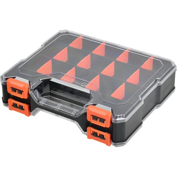 34 Compartments Double-Sided Tool Organizer, Toolbox with 14 Adjustable Dividers & Transparent Lids, Portable Hardware Storage Box for Screws, Nuts, Fishing Accessories (Black/Orange)