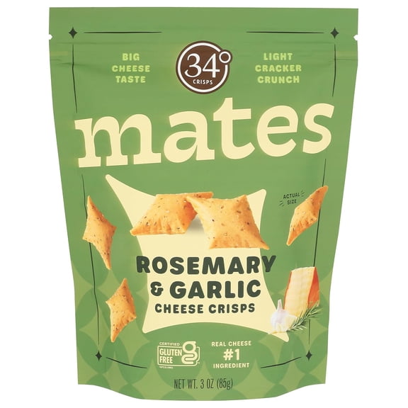 34 Degrees Mates Rosemary Garlic Cheese Crisps - Light & Crispy Gouda Cheese Crackers | Gluten-Free, Low Calorie, Healthy Snack for Adults & Kids - 4 Pack