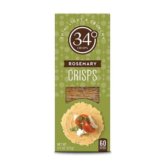 34 Degrees Rosemary Crisps | Light & Crunchy Thin Crackers for Charcuterie, Cheese Boards & Entertaining, Single Pack (4.5oz)