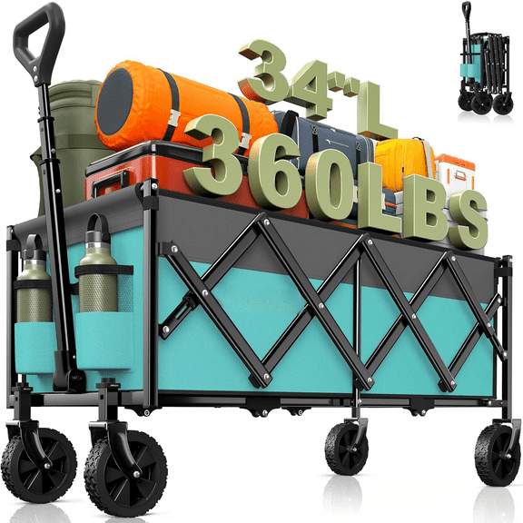 34'' Extra Long Collapsible Wagons Carts Foldable, 360LBS Heavy Duty Folding Beach Wagon Cart with Wheels, Portable Utility Outdoor Wagon for Grocery, Shopping, Garden, Sports, Turquoise