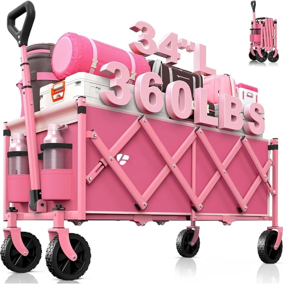 34'' Extra Long Collapsible Wagons Carts Foldable, 360LBS Heavy Duty Folding Beach Wagon Cart with Wheels, Portable Utility Outdoor Wagon for Grocery, Shopping, Garden, , Camping,