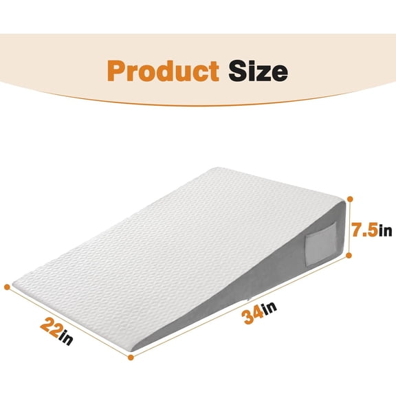 34" Extra-Long Wedge Pillow, Back & Arm Support, Bed Wedge Pillow for Sleeping After Surgery, Acid Reflux, Snoring Relief, Removable Washable Cover & Double Side Pockets, 7.5" Height, White