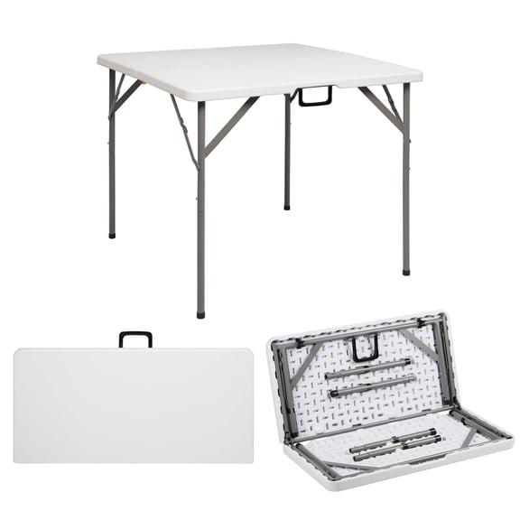 34" Foldable Square Table – Folding Card Table, Portable Plastic Table for Picnics, Parties, Camping, HDPE Top, Steel Legs, Blow Molded Design, Folds in Half for Easy Storage
