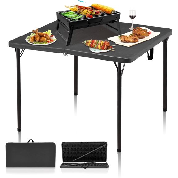 34" Folding Table, Portable Square Camping Card Table with Collapsible Legs & Carrying Handle, Plastic Tables for Outdoor Cooking,Camping,Picnic, Office, Party, Grey