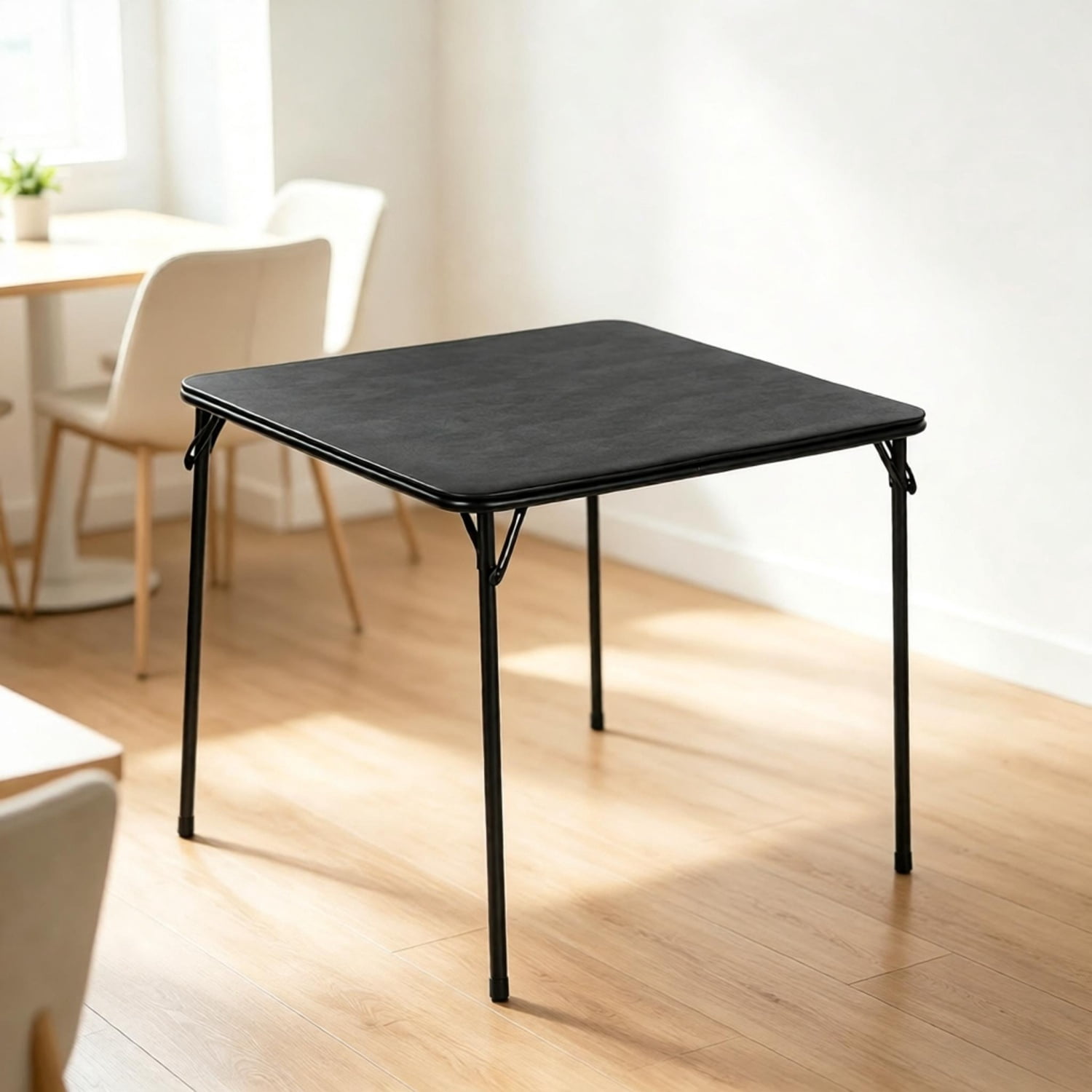 34" Folding Table, Portable Square Foldable Card Table for Poker Games, Camping, Picnic, Metal Construction with PU Soft Padded Tabletop, Space Saving Storage, Black