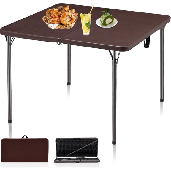 34" Folding Table, Portable Square Folding Card Table with Collapsible Legs & Carrying Handle, Plastic Tables for Camping,Picnic, Office, Party, Brown