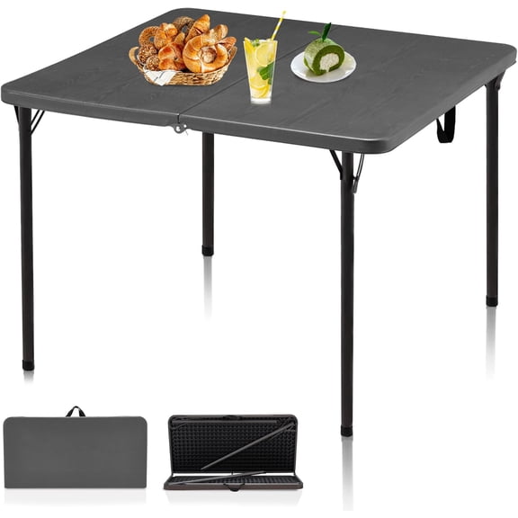 34" Folding Table, Portable Square Folding Card Table with Collapsible Legs & Carrying Handle, Plastic Tables for Camping,Picnic, Office, Party, Grey