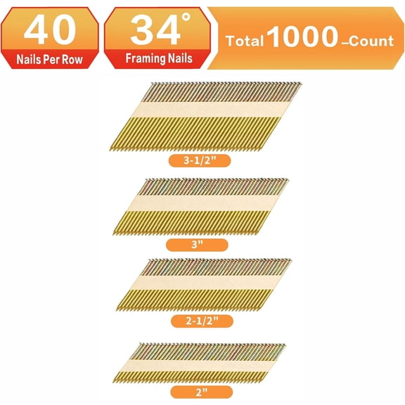 34 Framing Nails,D Head Nail Pack,Galvanized Paper Tape Strip Nails,Ring Shank,for 30 to 34 Degree Framing Nailer(2",2-1/2",3", 3-1/2",1000-Pack)