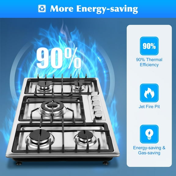 34" Gas Stove Cooktop with 5 Burners Kitchen, Stainless Steel Cooker Built-in NG/LPG Gas Cooktop