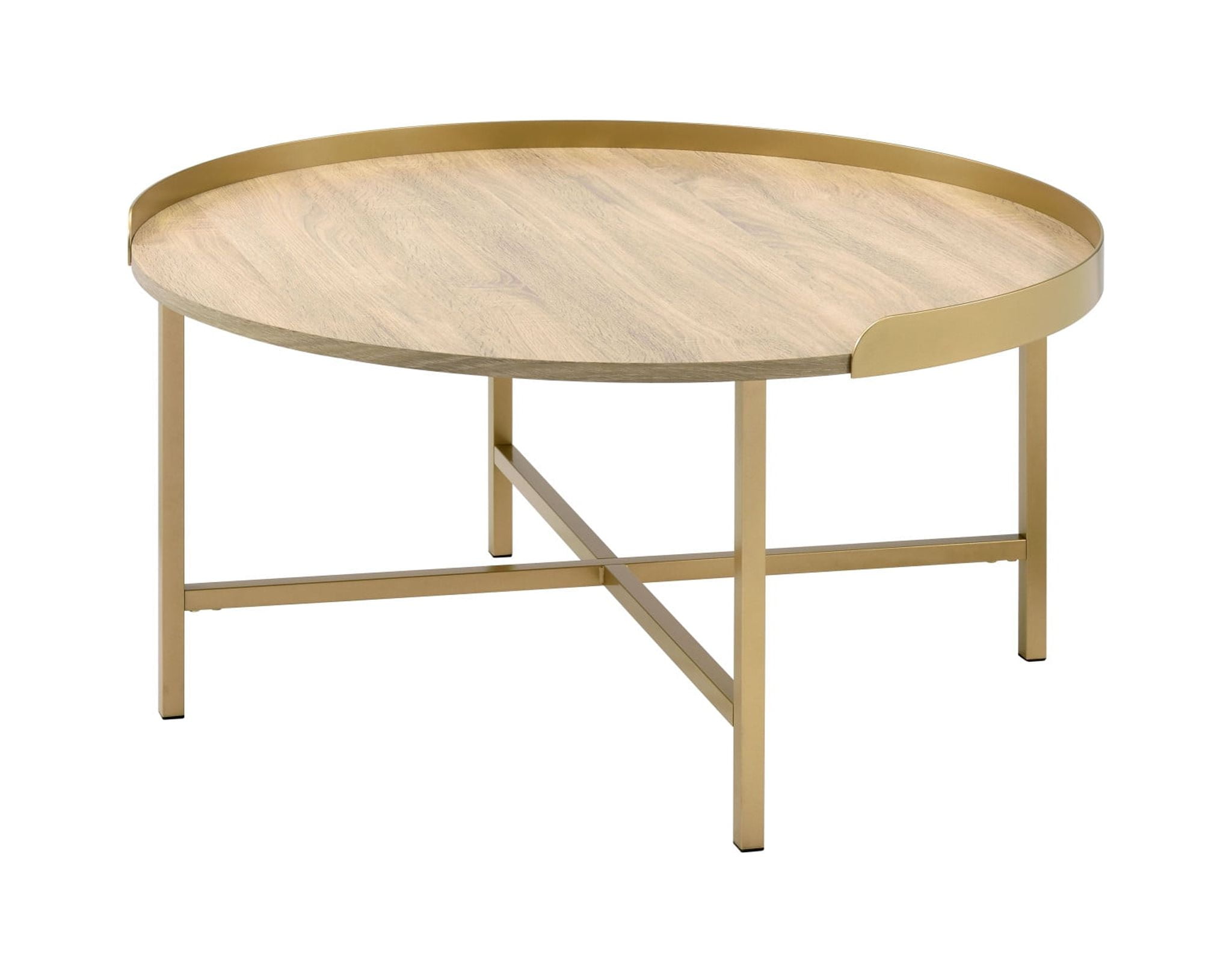 Mithea 38" Round Oak and Gold Tray Top Coffee Table