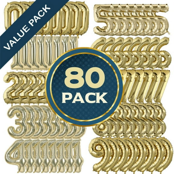 34" Gold Mylar Balloons- Numbers 0 1 2 3 4 5 6 7 8 9 - 80 Pack Value Pack