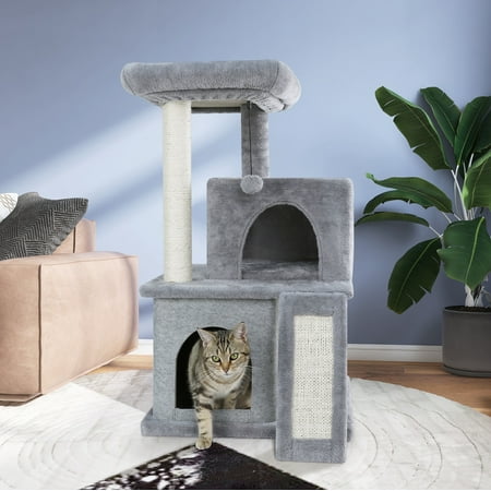 34" Grey Cat Tree for Indoor Cats - Cat Tower Condos with Scratching Post and Platform, Multi-Level Pet Play House Stable Kitty Furniture
