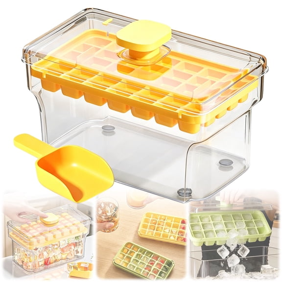 34 Grid Easy Release Ice Tray with Lid,One Button Quick Release Stackable Freezer Ice Maker Box,Spill Proof Odor Resistant Ice Cube Tray for Home Bar Party,1PC,Yellow