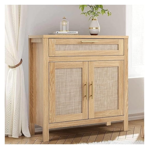 34" H Rattan Accent Storage Cabinet, Boho Wood Sideboard Buffet Cabinet with 2 Doors Drawer, Farmhouse Credenzas Coffee Bar Console with Adjustable Shelf for Entryway Dining Room, Natural Oak