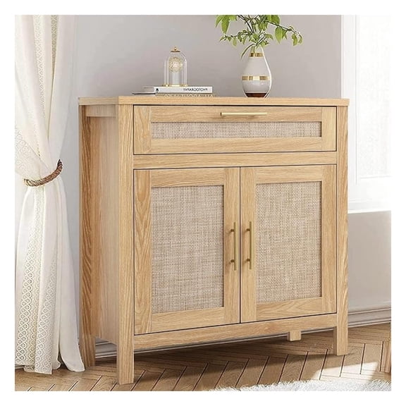 34" H Rattan Accent Storage Cabinet, Boho Wood Sideboard Buffet Cabinet with 2 Doors Drawer, Farmhouse Credenzas Coffee Bar Console with Adjustable Shelf for Entryway Dining Room, Natural Oak
