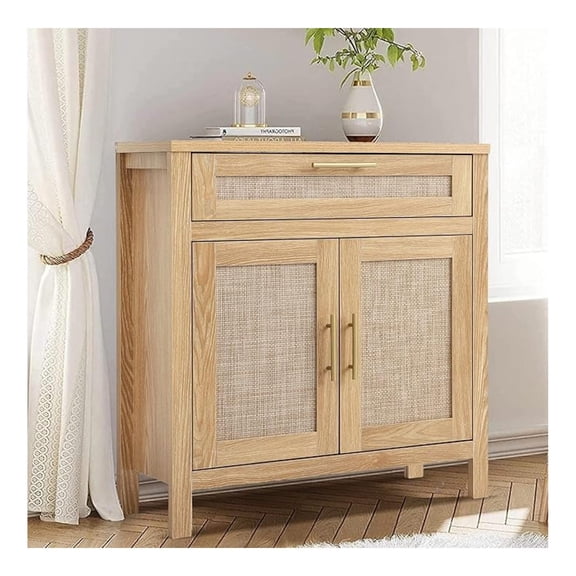 34" H Rattan Accent Storage Cabinet, Boho Wood Sideboard Buffet Cabinet with 2 Doors Drawer, Farmhouse Credenzas Coffee Bar Console with Adjustable Shelf for Entryway Dining Room, Natural Oak