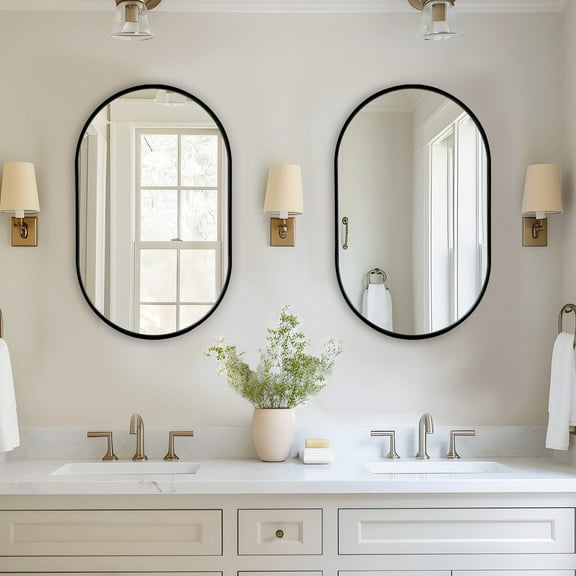 Soges Oval Bathroom Mirror Cabinet Medicine Cabinet Iron Frame with 2 Adjustable Shelves, Recess or Surface Mounted Installation, 34" x 20", Black