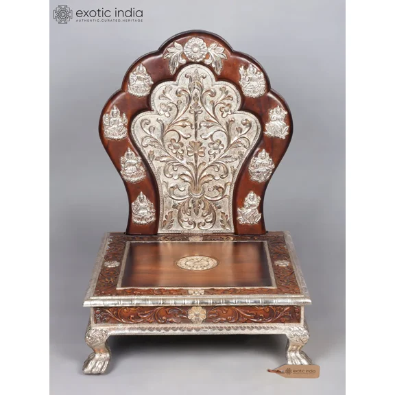 34" Handcrafted Wooden Idol Throne with Silver Cladding - Royal Singhasan for Deities with Ashtalakshmi
