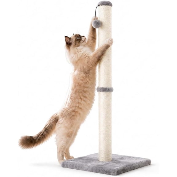 34" Height Tall Cat Scratching Post, Claw Scratcher with Sisal Rope and Covered with Soft Smooth Plush, Vertical Scratch [Full Strectch] for Standard Size Cats(Grey, 34 inches for All Cats)