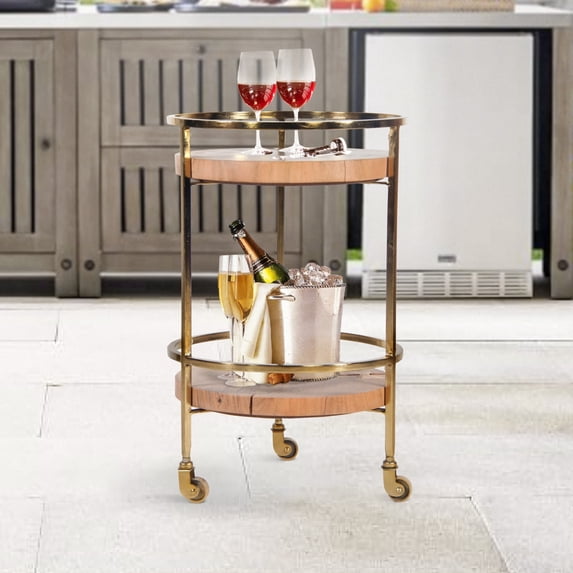 34 Inch 2 Tier Industrial Style Tea and Bar Cart, Live Edge Mango Wood Shelves, Metal Frame, Brown, Brass- Saltoro