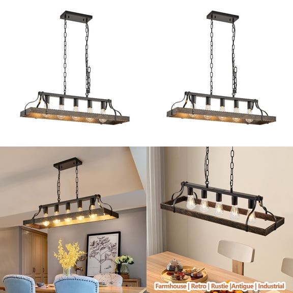 34-Inch Black Gold Vintage Pendant Light  5 E26 Bulb Sockets  Adjustable Chain Height – Antique Style Chandelier for Dining Room  Kitchen  or Living Room (Bulb Not Included)