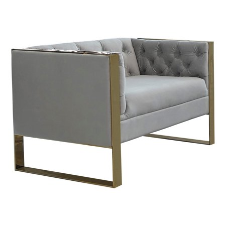 34 Inch Button Tufted Accent Chair, U Metal Frame, Smooth Gray and Gold