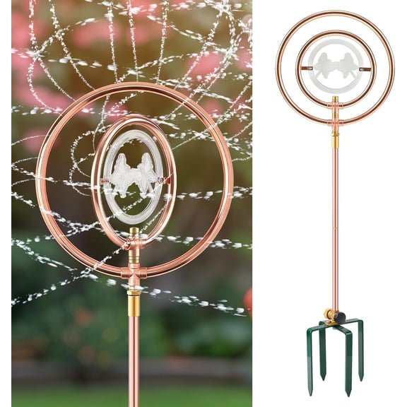 34 Inch Copper Coated Stainless Steel Ornamental Rotating Sprinkler with Double Ring Clear Butterfly Design