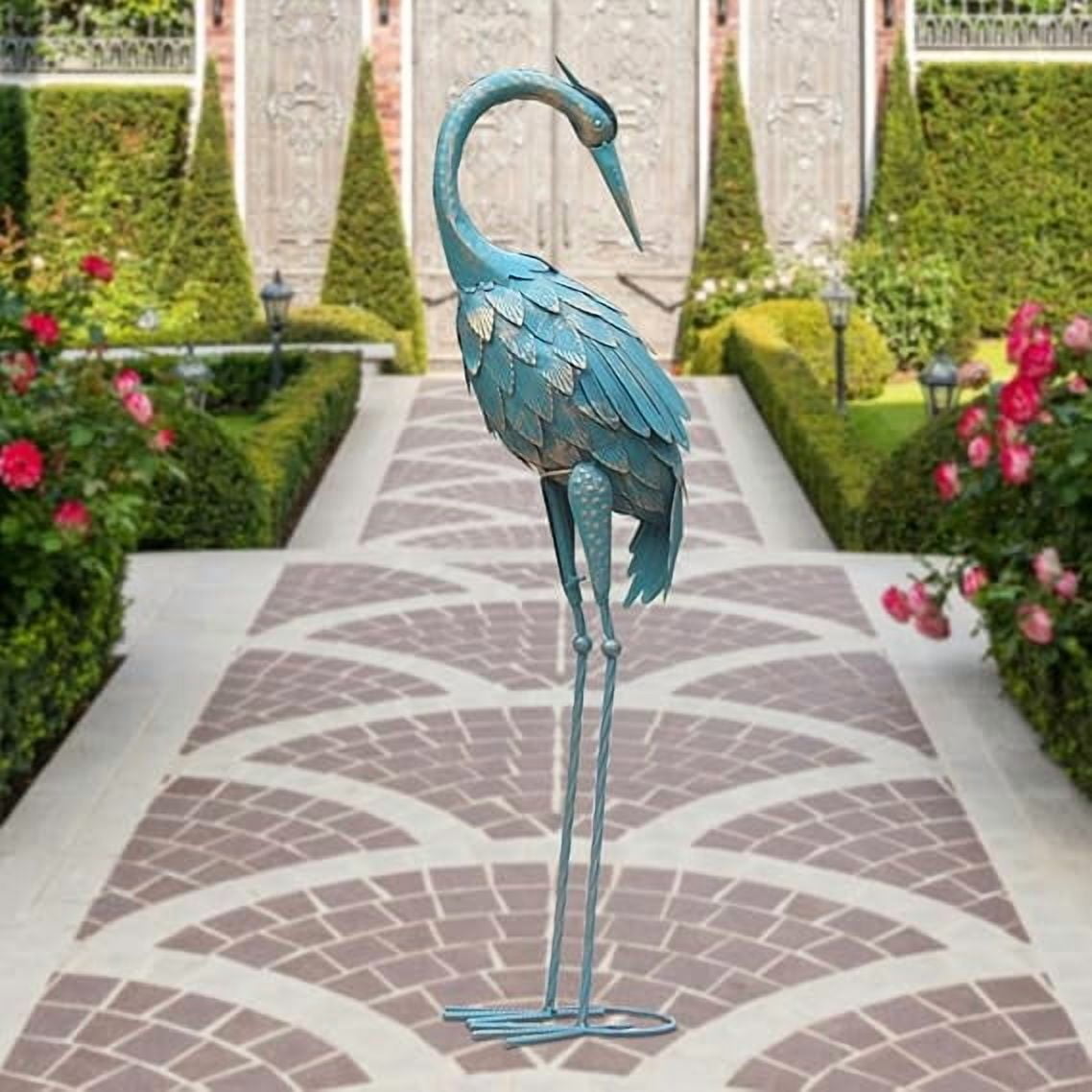 34 Inch Crane Statue for Garden Decor, Standing Heron Statue Garden Sculpture, Metal Bird Statue Yard Art for Backyard, Patio, Pool, Lawn, Cyan