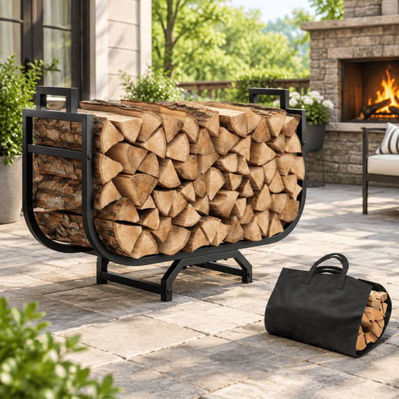 34 Inch Firewood Rack With Log Carrier Bag Outdoor Indoor Fire Wood ...