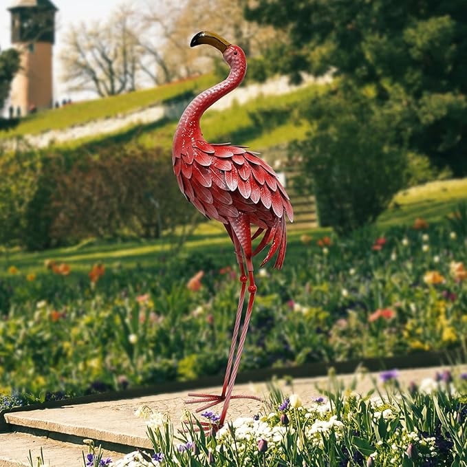 34 Inch Flamingo Garden Decor, Metal Bird Statue Yard Decor, Large Flamingo Outdoor Statues for Patio, Lawn, Backyard, Porch, Garden Sculpture & Statue, Red