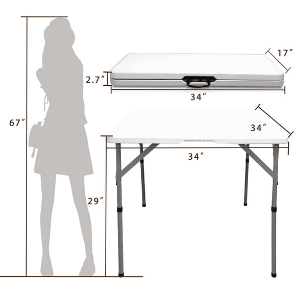 34 Inch Fold in Half Square Folding Table, Plastic Card Table for Indoor Outdoor Party Picnic Camping