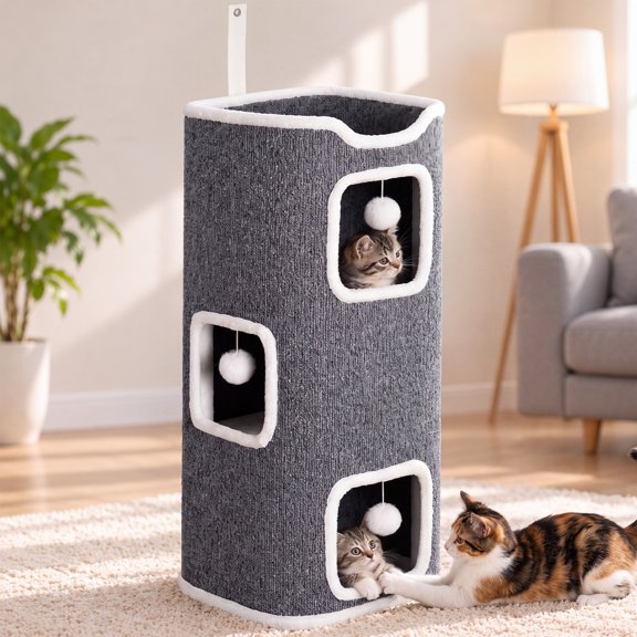 Pamzoe 34-inch Foldable Indoor Cat Tree Tower with 3 Hideaway Openings and Hanging Pom-Pom Toys, Space-Saving Vertical Cat Condo, Dark Gray and White