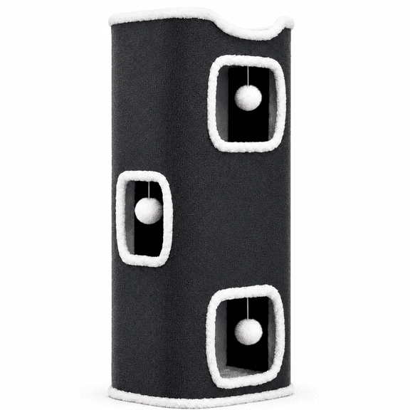 Pamzoe 34-inch Foldable Indoor Cat Tree Tower with 3 Hideaway Openings and Hanging Pom-Pom Toys, Space-Saving Vertical Cat Condo, Dark Gray and White