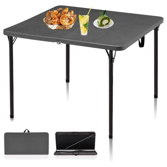 34 Inch Folding Card Table, Portable Square Game Table with Collapsible Steel Legs and Carry Handle, Lightweight Plastic Surface for Camping, Picnic, Office, and Home Use