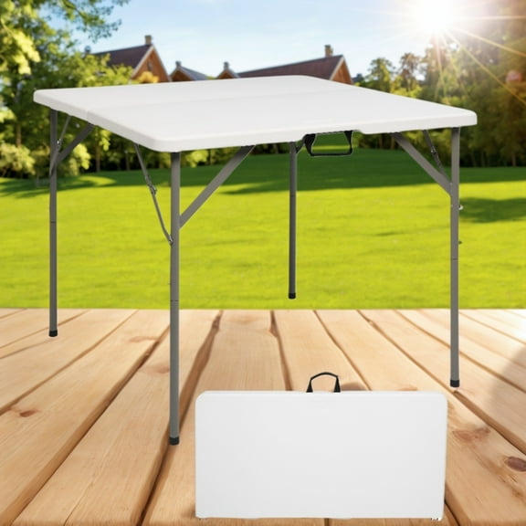 34-Inch Folding Card Table - Square Bi-Fold HDPE Tabletop with Metal Frame, Lock Design for Indoor/Outdoor Use, Black/White