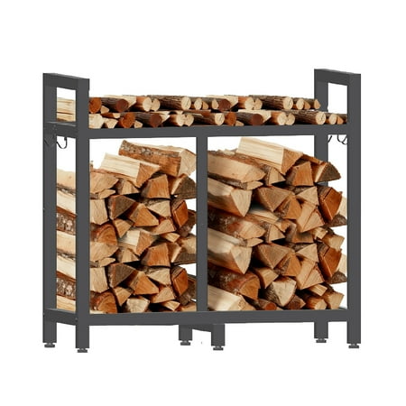 34-Inch Heavy-Duty Firewood Rack with Hooks & Adjustable Pads - Indoor/Outdoor Log Holder for Fireplace Wood Storage