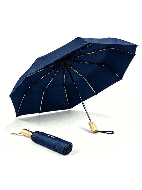 Inverted Windproof Umbrella with Wooden Handle Rain Umbrella | Strong, Large Vented Double Canopy, Auto Open & Close Golf Umbrella, Portable & Durable, for 2 people, Fits Car & Backpack