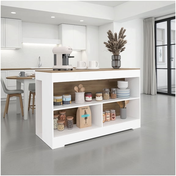 34 Inch Kitchen Island on Wheels, White and Oak Storage Cart with Open Shelving, Multi-Functional Kitchen Organizer