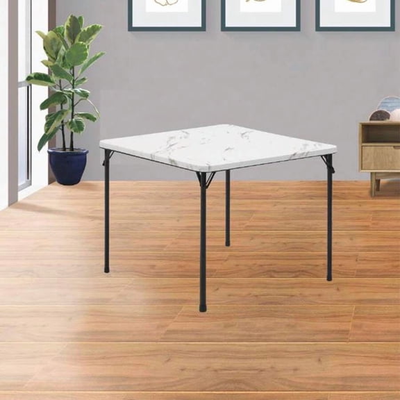 34 Inch Marble White Straight Top Folding Table, Sturdy Steel Frame, Easy Clean For Indoor Outdoor Use