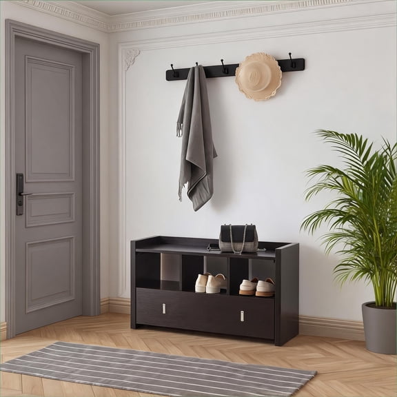 34-Inch Rich Brown Particle Board Entry Bench, Shoe Storage Organizer with Drawer, Backless Style