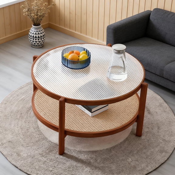 34" Round Coffee Table with Textured Glass Top and Woven Rattan Storage, Mid Century Solid Wood Round Boho Coffee Table, End Table for Living Room, Apartment, Patio, Walnut