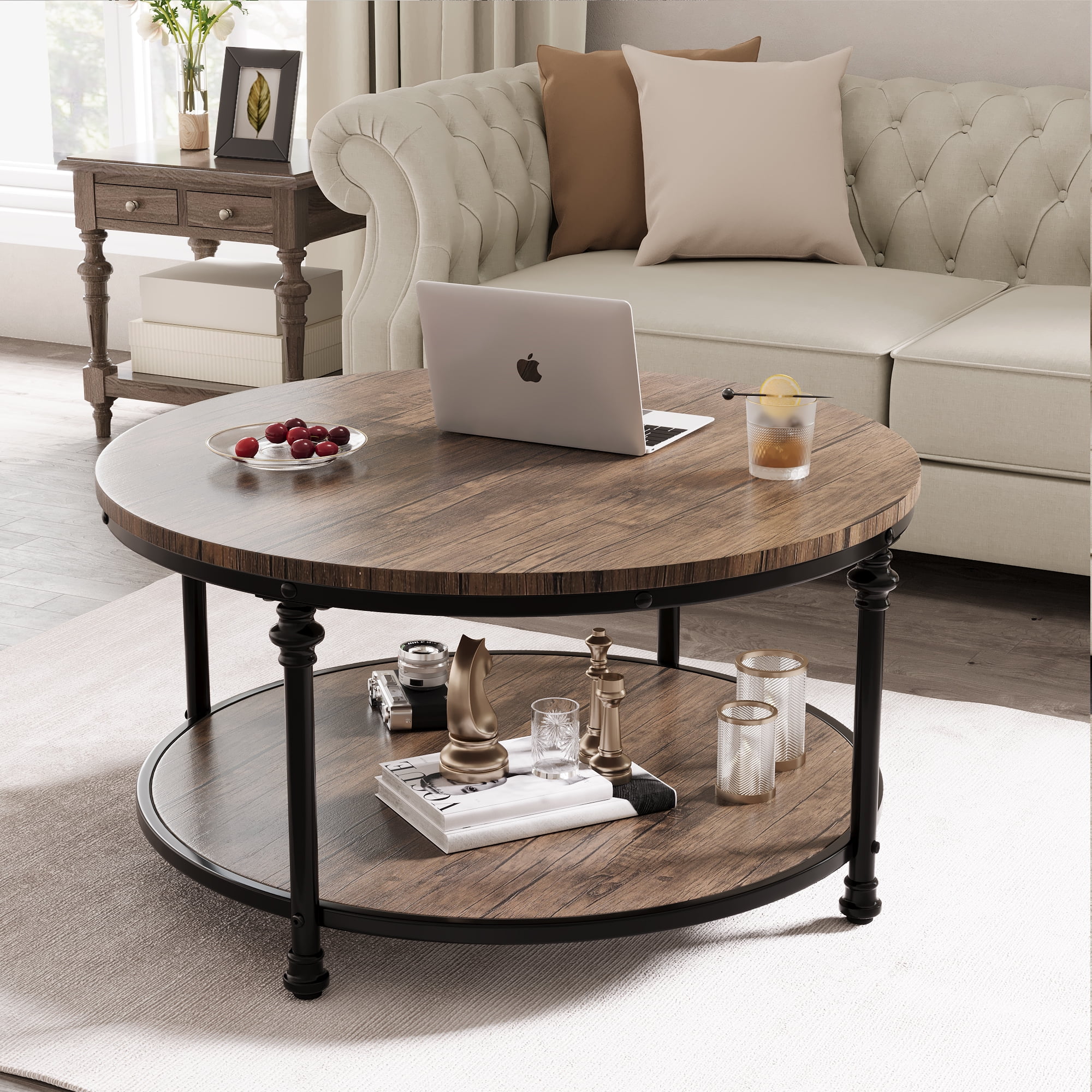 34 Inch Round Coffee Table, Farmhouse 2 Tier Wooden Coffee Table with ...