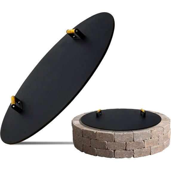 34-Inch Round Fire Pit Lid – Metal Cover with Wooden Handles, Weather-Resistant Snuffer for Bonfire & Propane Fire Pits, Doubles as Outdoor Table