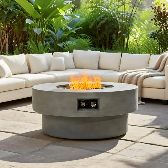 34 Inch Round Propane Fire Pit Table, 50000 BTU Propane Fire Pits with Steel Bowl and Burner, Concrete Round Firepit with Glass Beads, Cover, for Outside Patio, Backyard, Party